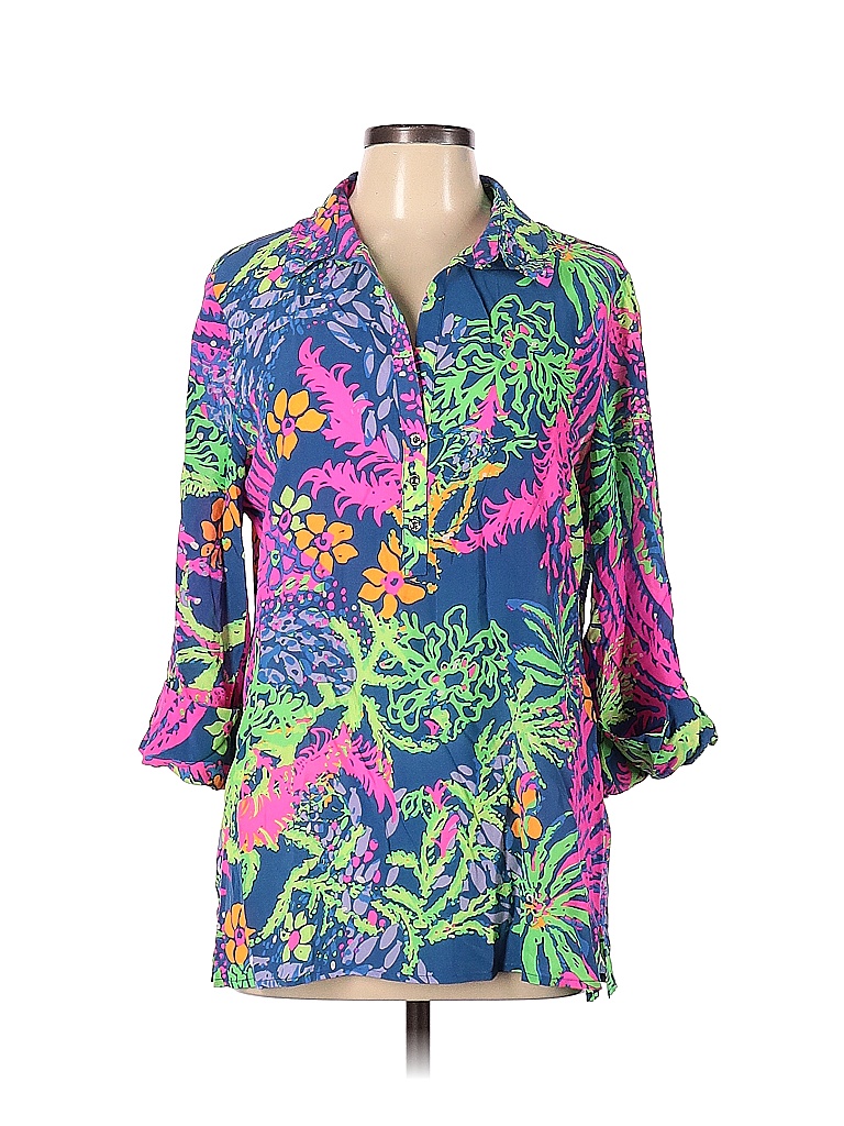 Lilly Pulitzer 100% Silk Multi Color Blue Long Sleeve Silk Top Size L ...