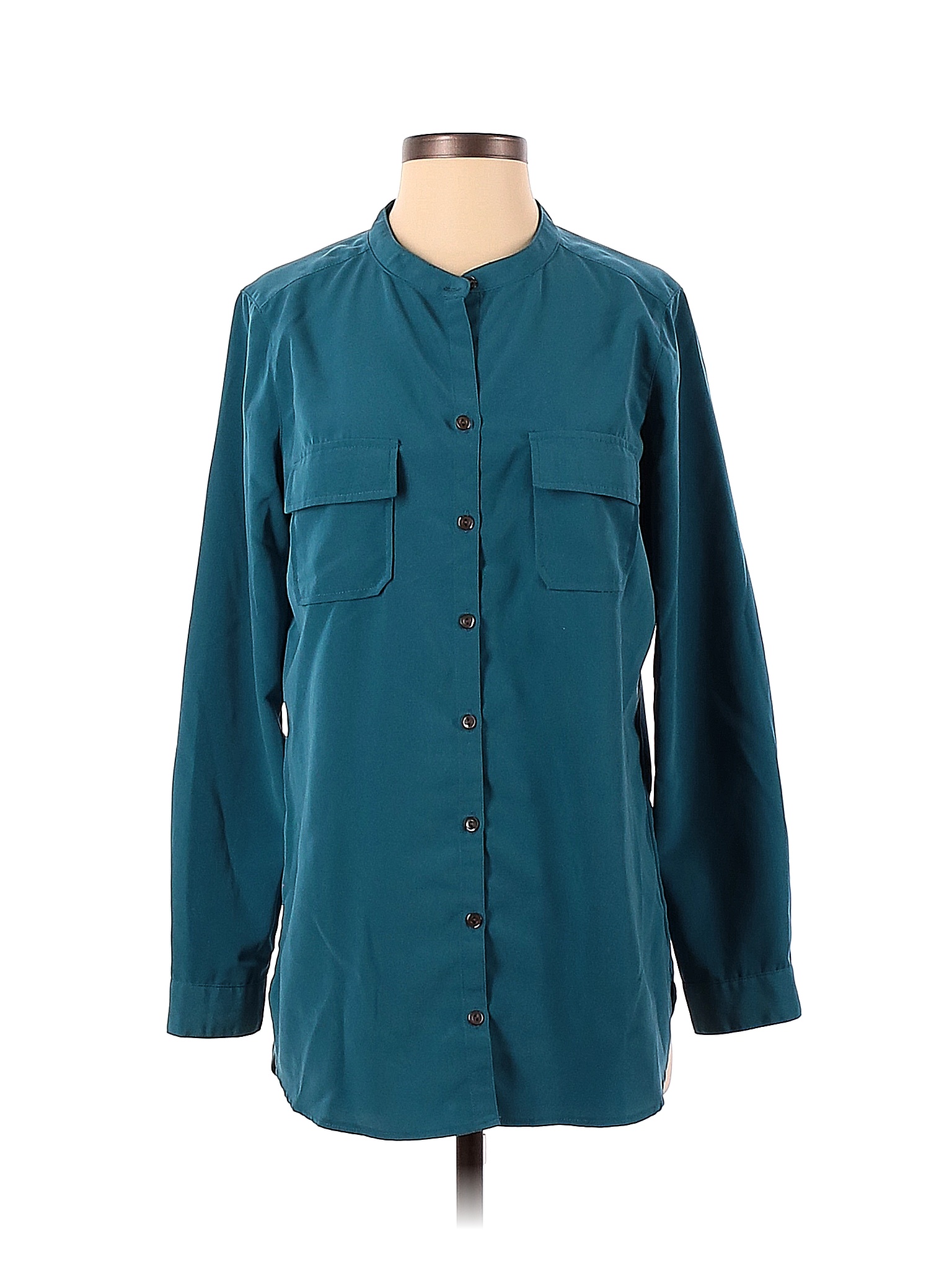 Travelsmith 100 Polyester Solid Colored Teal Long Sleeve Blouse Size S