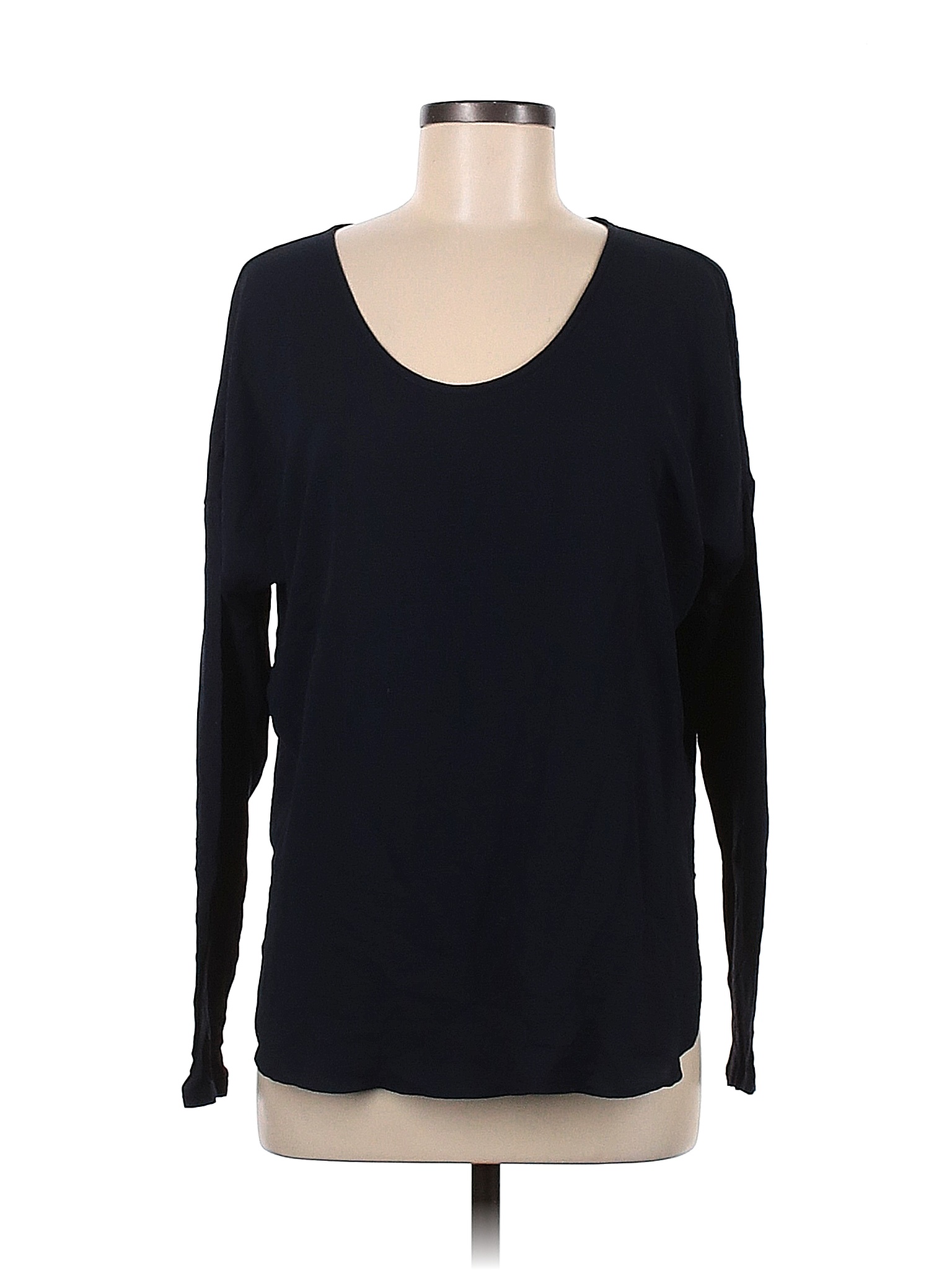 Ann Taylor Loft 100 Rayon Color Block Solid Black Blue Long Sleeve