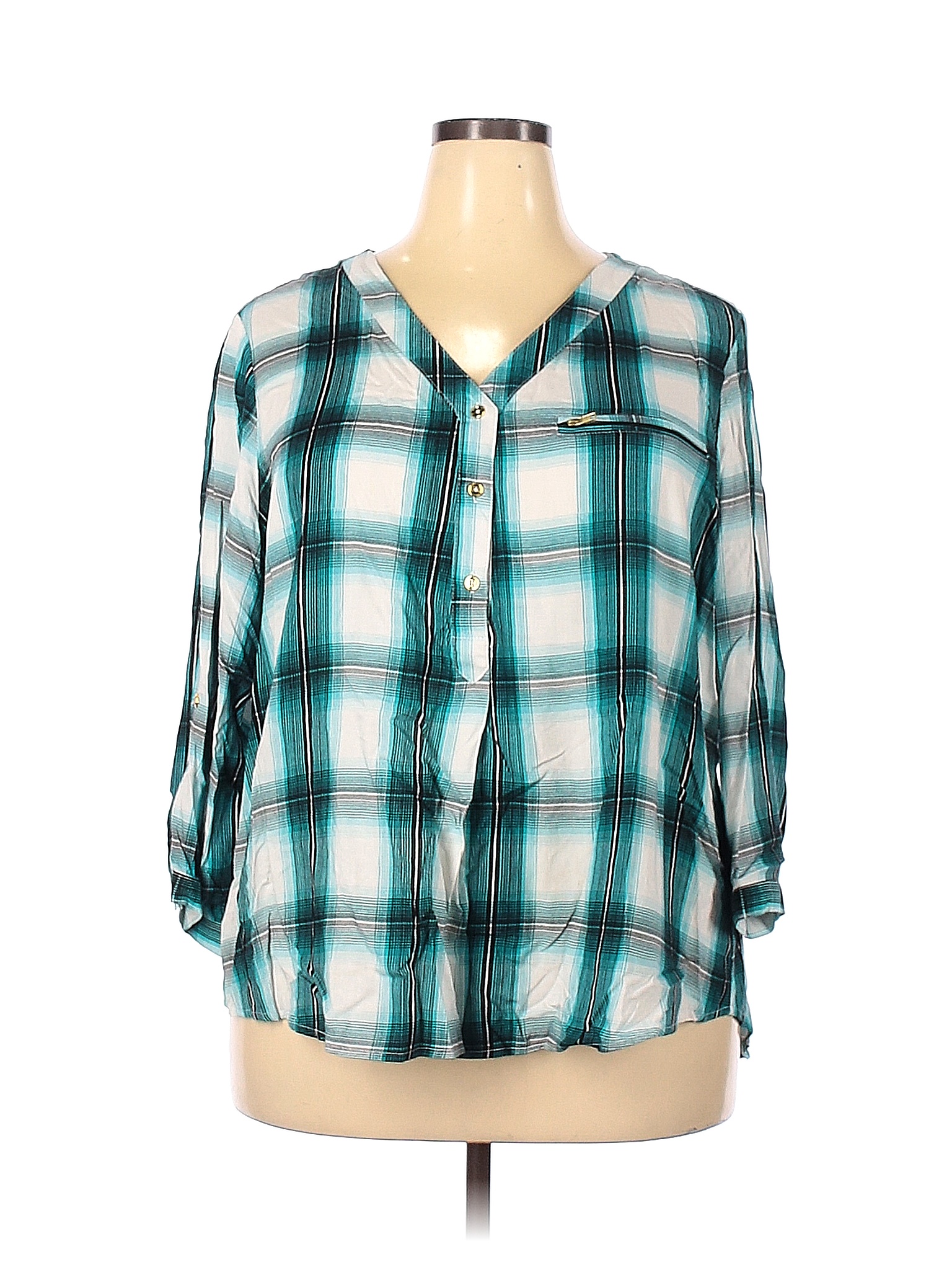 Ashley Stewart 100 Rayon Plaid Multi Color Blue Long Sleeve Blouse