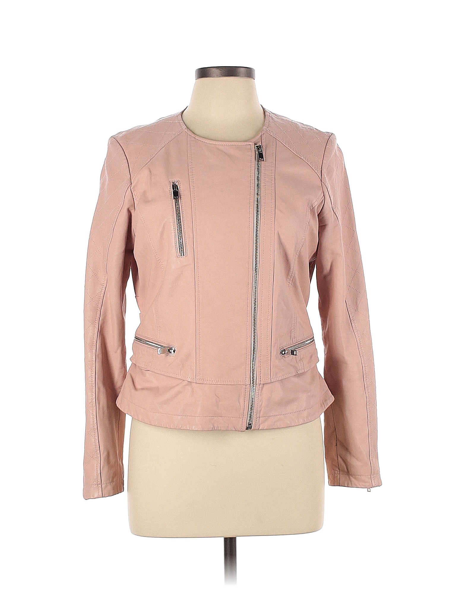 Slate & Willow 100% Leather Solid Colored Pink Quilted Collarless Moto  Jacket Size L - 80% off