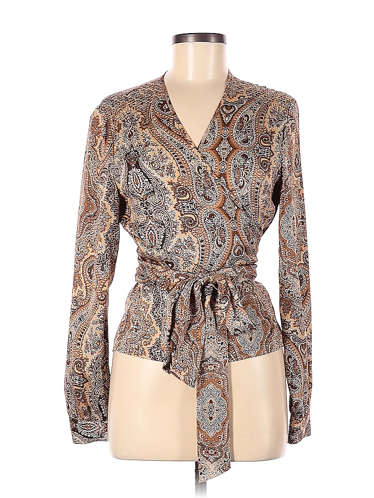 Talbots 100 Silk Paisley Multi Color Brown Long Sleeve Silk Top Size 8