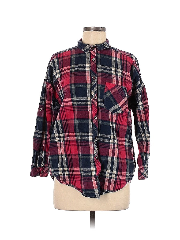 Forever 21 100% Cotton Plaid Red Blue Long Sleeve Button-Down Shirt Size M - photo 1