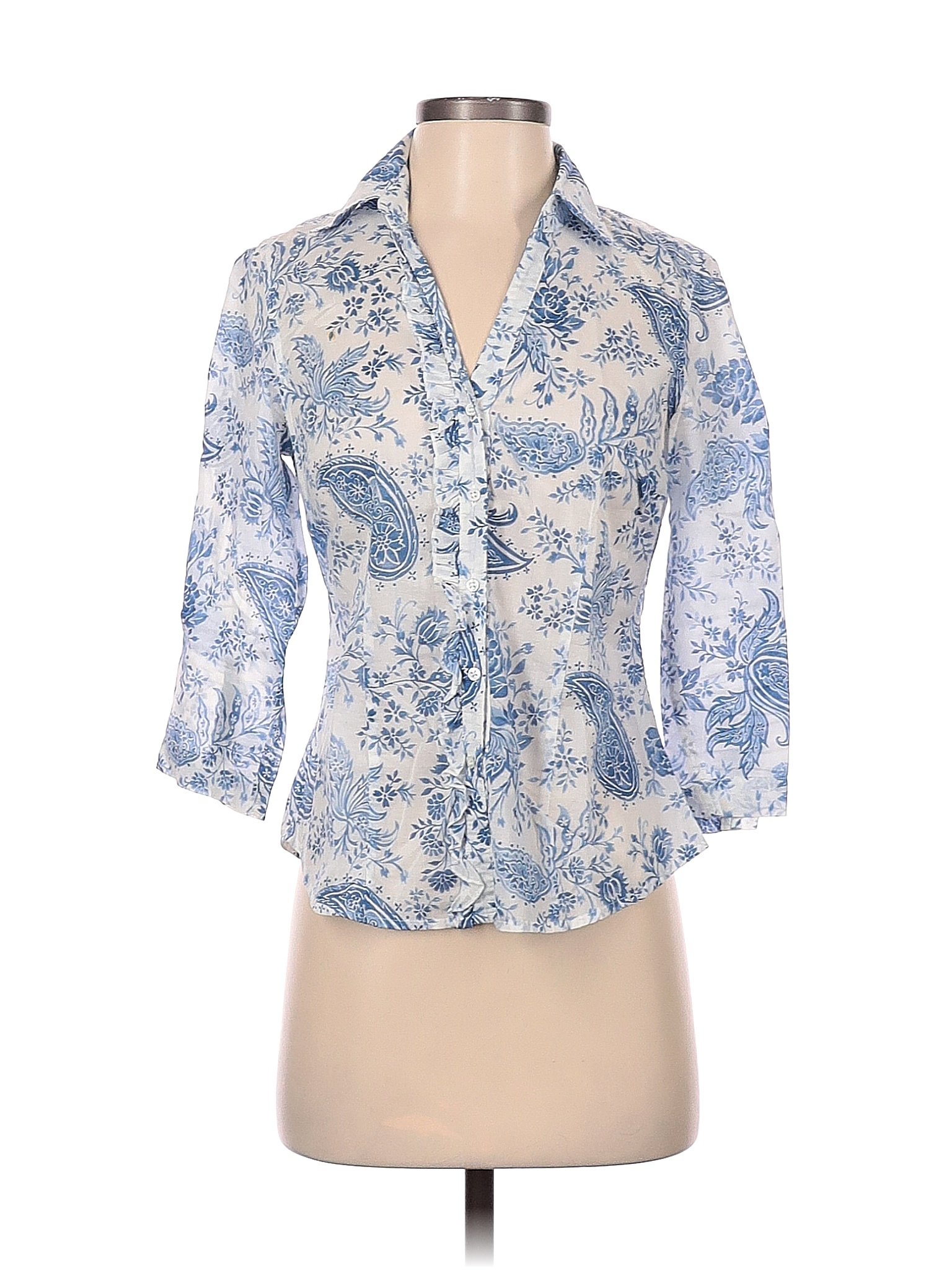 Talbots 100% Cotton Paisley White Blue Long Sleeve Button-Down