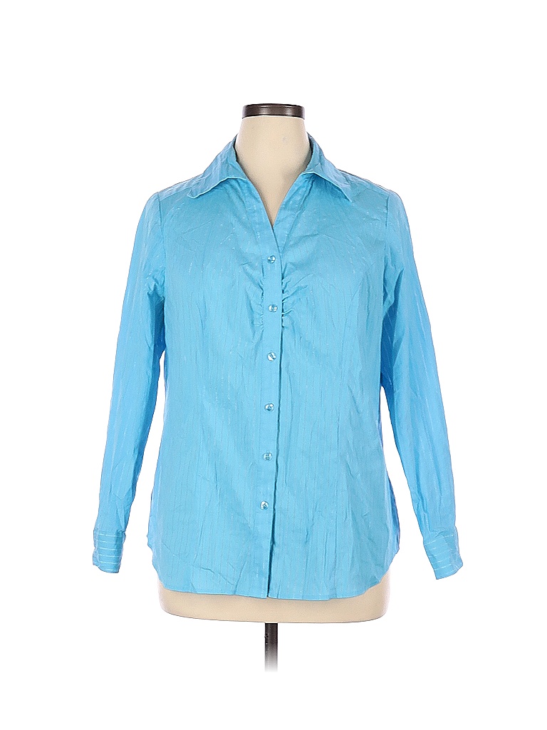 Lane Bryant Solid Blue Long Sleeve Button-Down Shirt Size 14 - 16 Plus ...