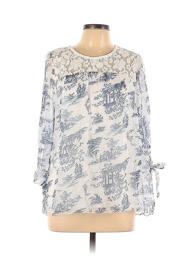 Bellambia 100% Silk White Blue 3/4 Sleeve Silk Top Size L - 70% off ...