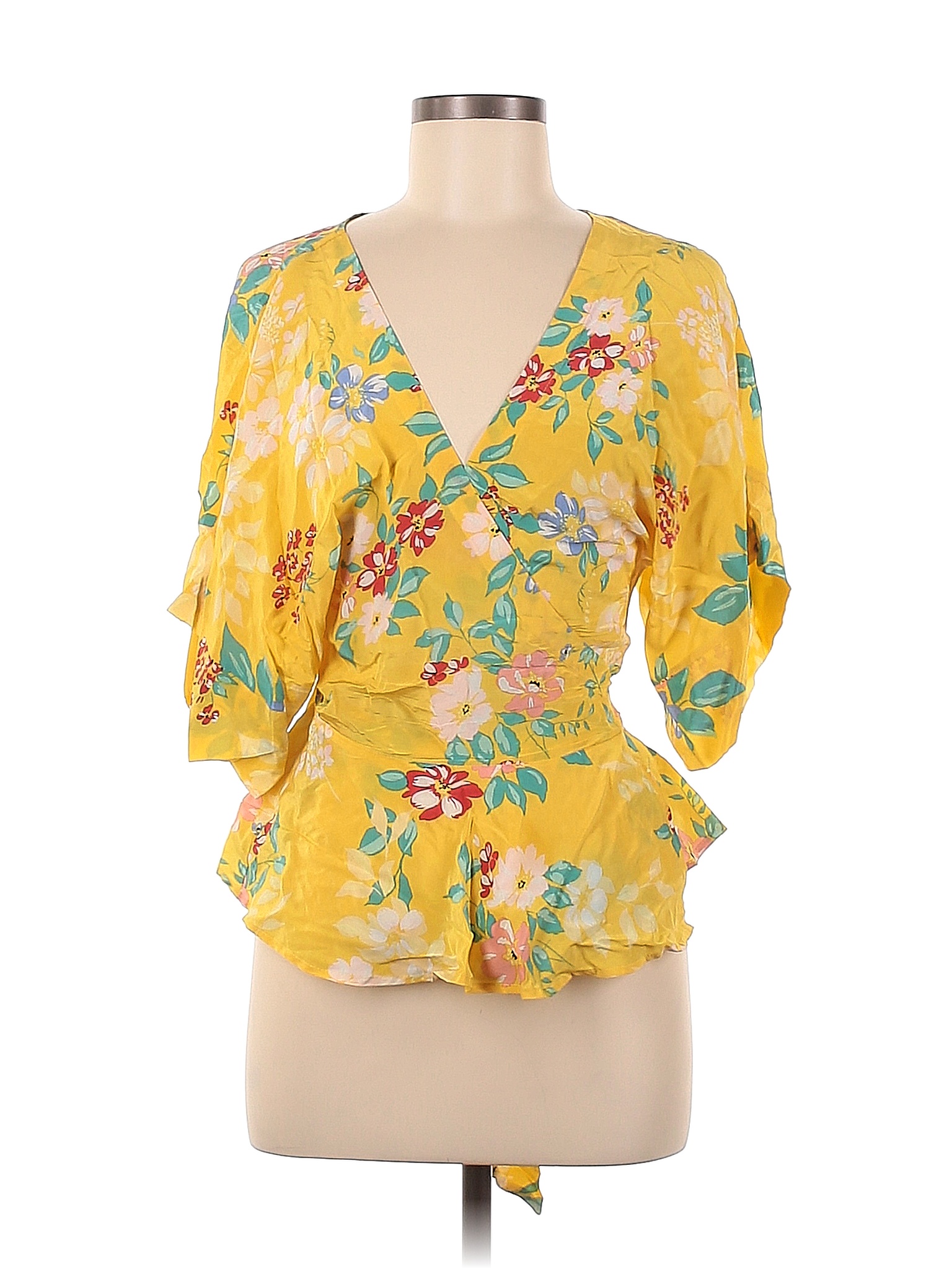 Yumi Kim 100% Silk Floral Colored Yellow Short Sleeve Silk Top Size M ...