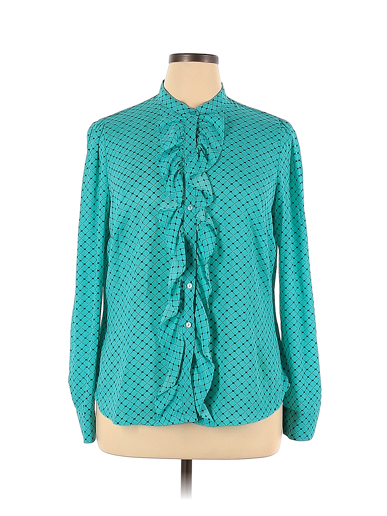 Worthington 100 Polyester Polka Dots Blue Teal Long Sleeve Blouse Size