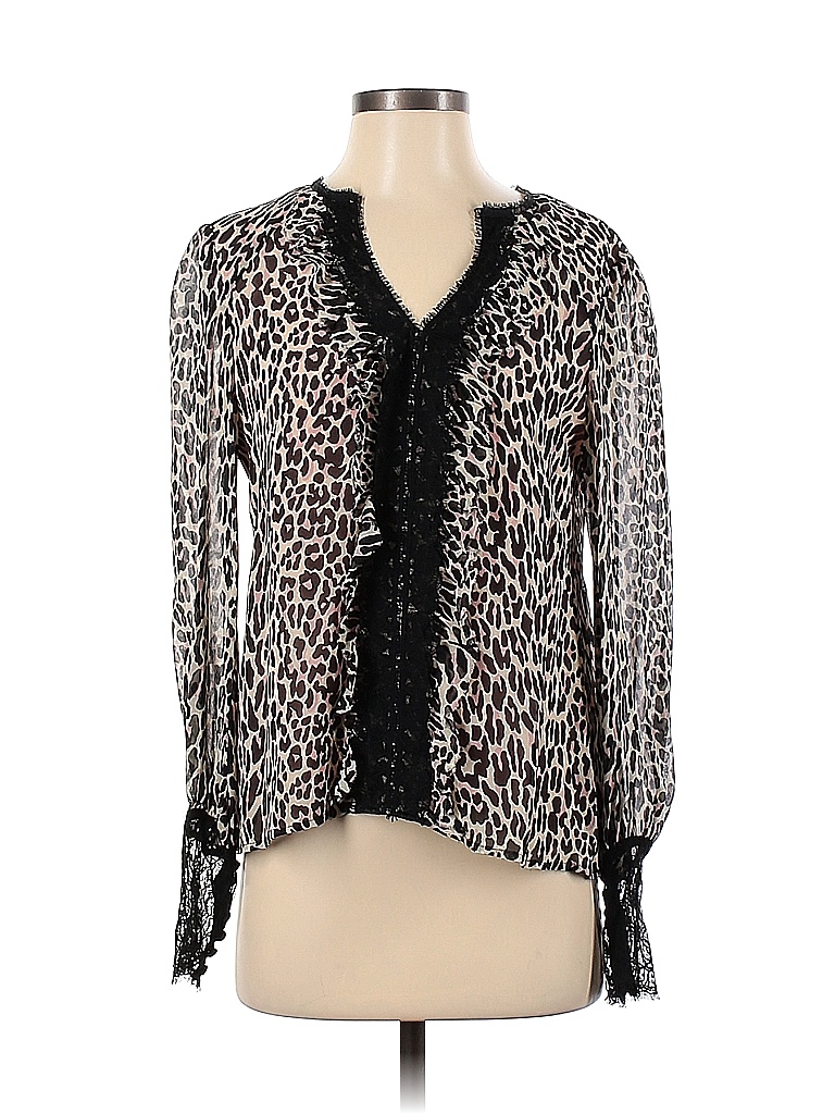 Nanette Lepore 100% Silk Animal Print Leopard Print Multi Color Tan Long Sleeve Silk Top Size 4 - photo 1