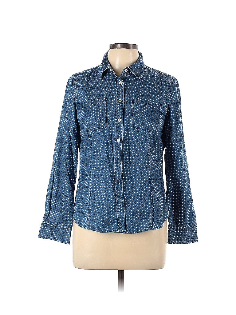 Talbots 100% Cotton Polka Dots Blue Long Sleeve Button-Down Shirt Size 10 (Petite) - photo 1