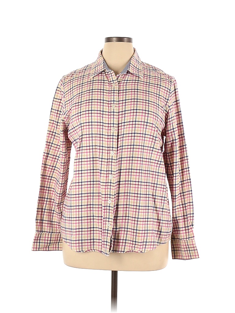 Lands' End 100% Cotton Plaid Ivory Long Sleeve Button-Down Shirt Size ...