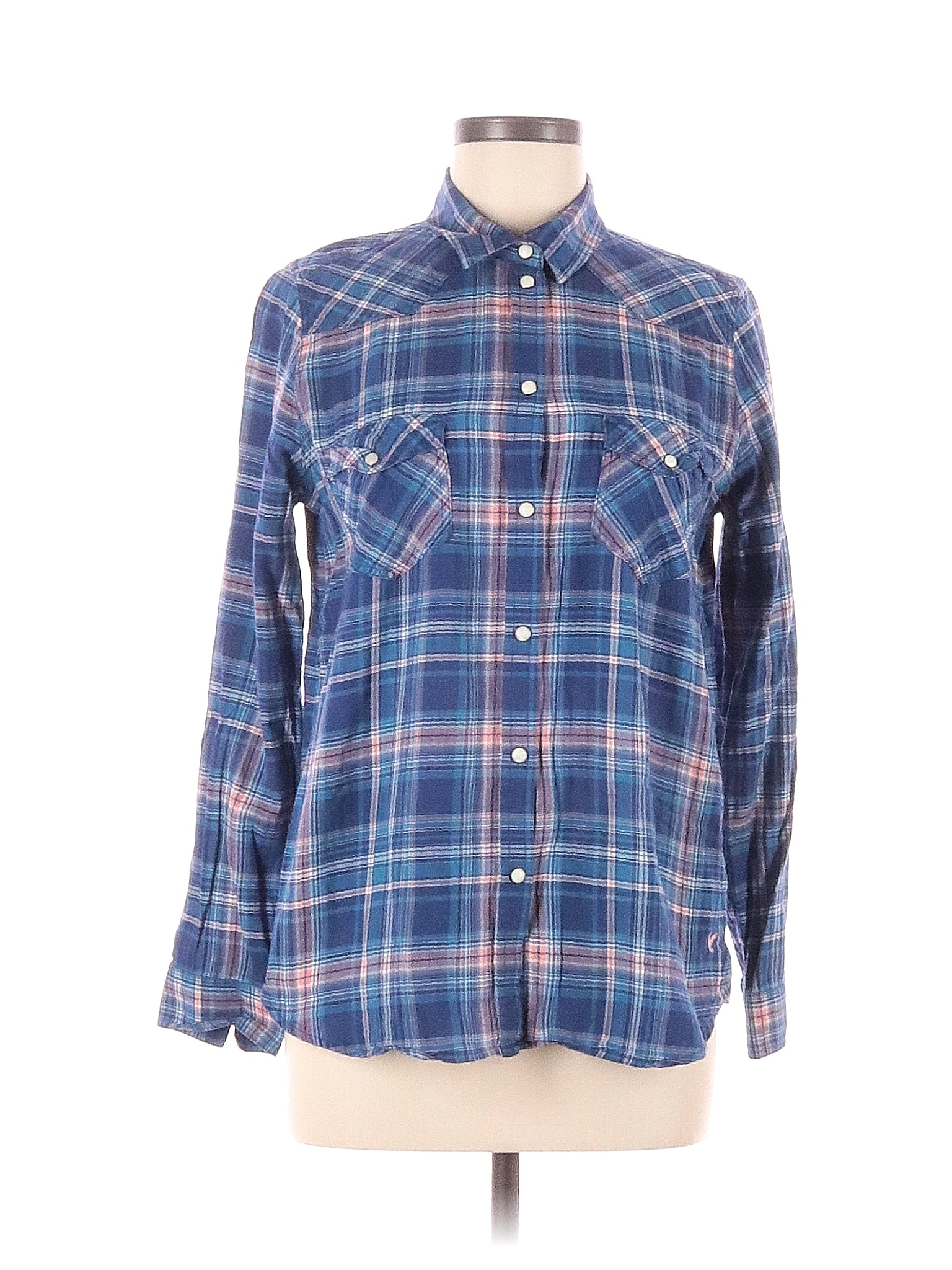 American Eagle Outfitters 100% Cotton Plaid Blue Long Sleeve Button ...