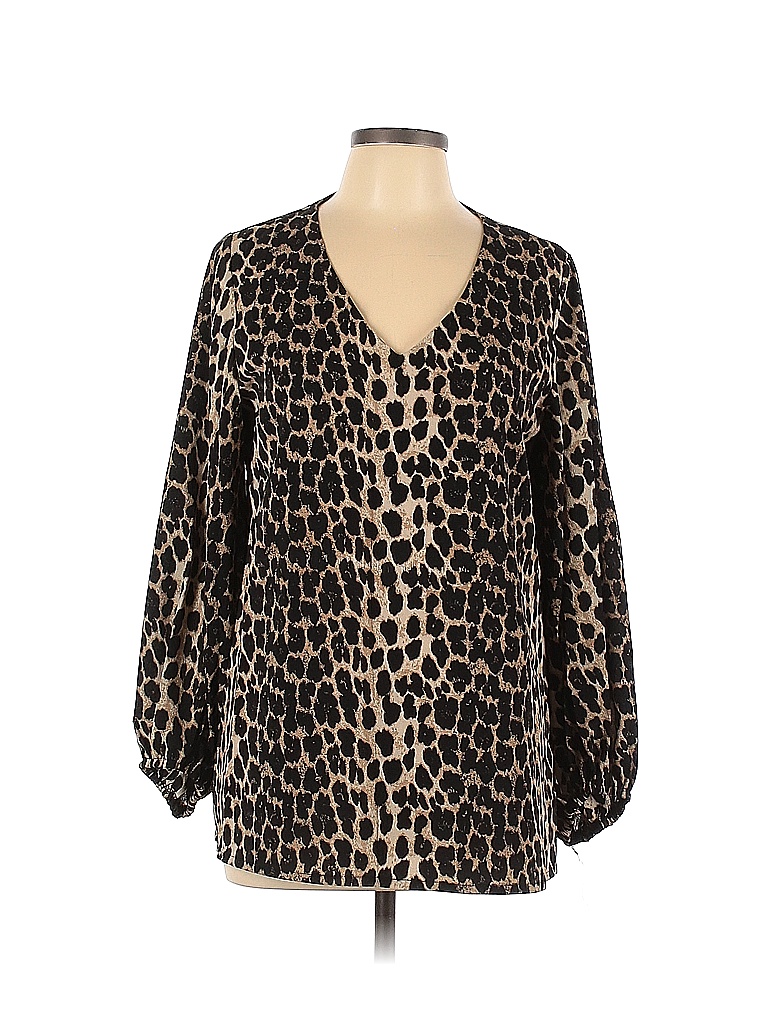 Belongsci Animal Print Leopard Print Black Long Sleeve Blouse Size L ...