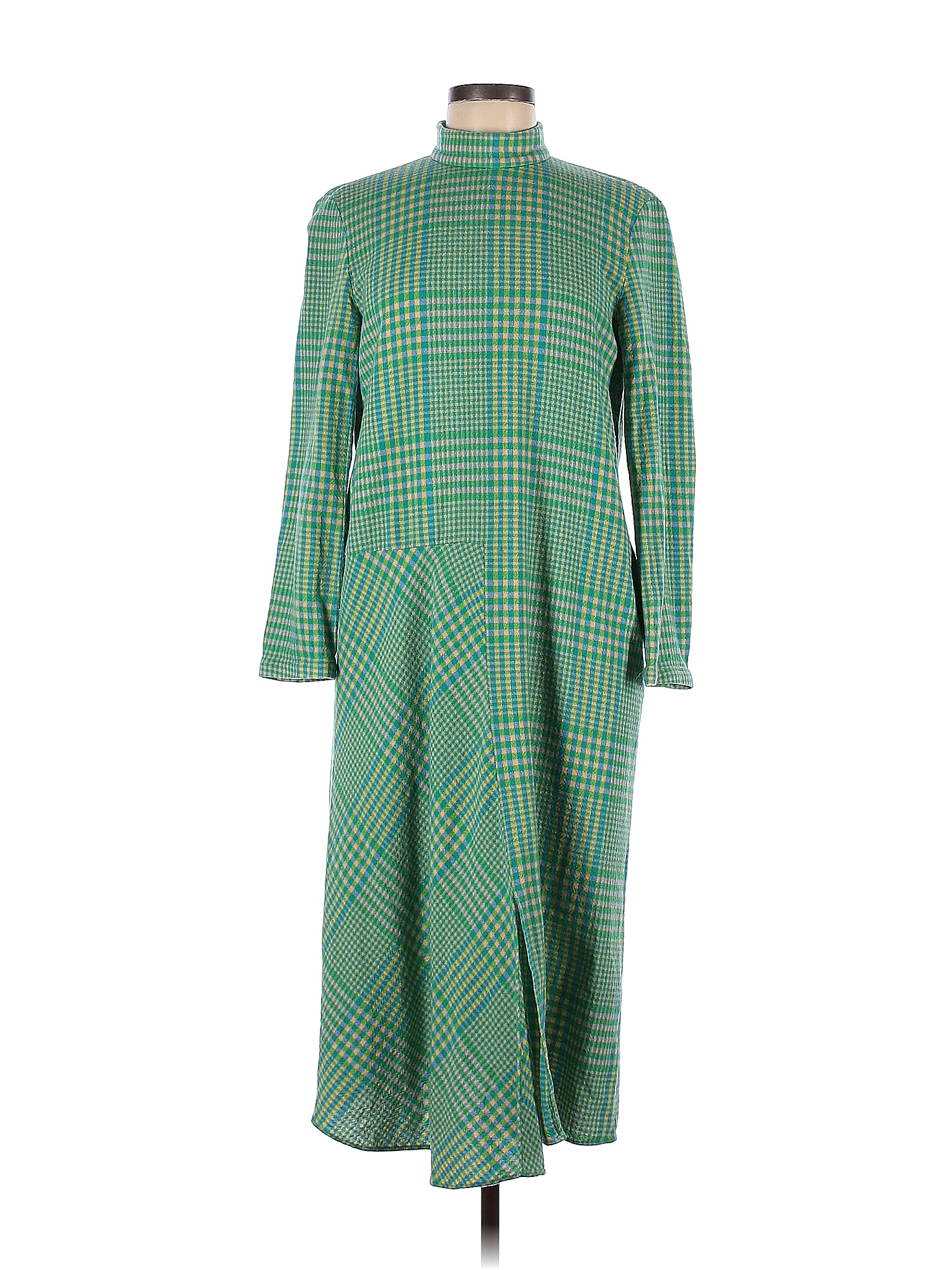 Tibi Plaid Colored Green Sterling Plaid Gauze Mockneck Dress Size