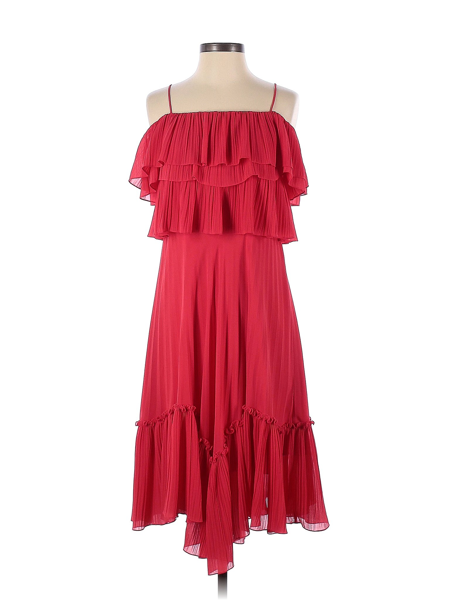 Halston 100% Polyester Solid Red Red Pleated Ruffle Dress Size XS - 78% ...