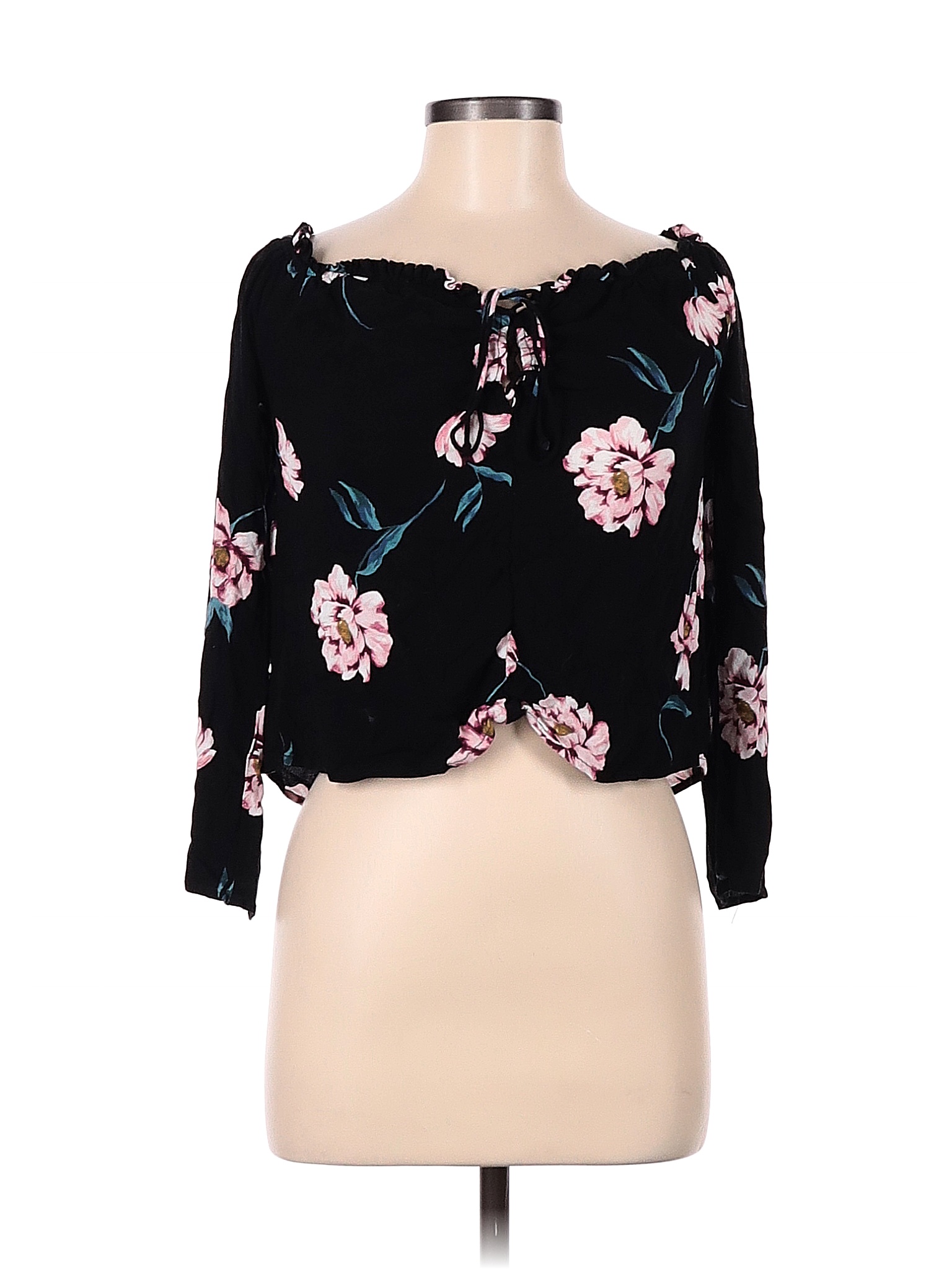 Kendall And Kylie 100 Rayon Floral Black Long Sleeve Blouse Size M 80