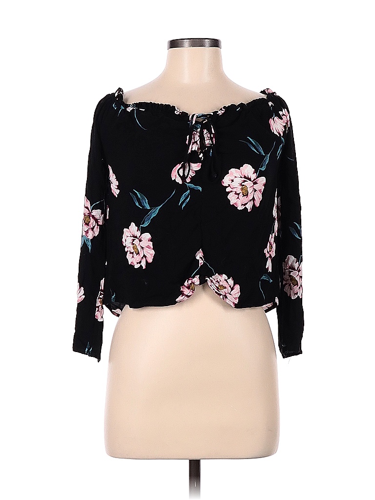 Kendall & Kylie 100% Rayon Floral Black Long Sleeve Blouse Size M - 80% ...