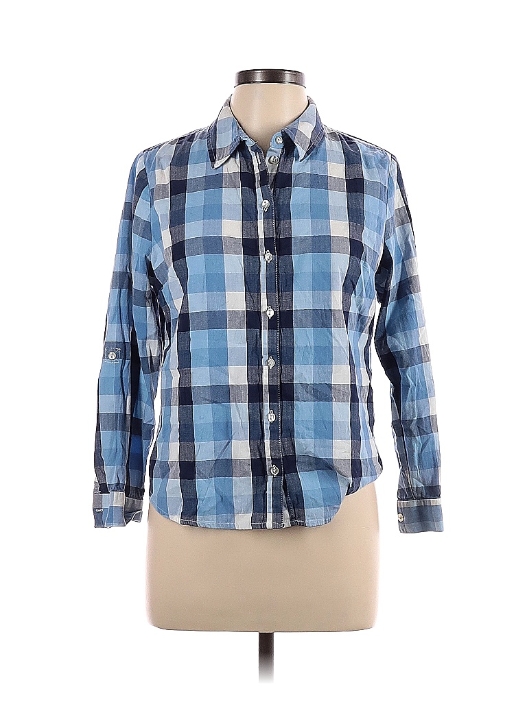 Allison Daley Checkered-gingham Blue Long Sleeve Button-Down Shirt Size ...