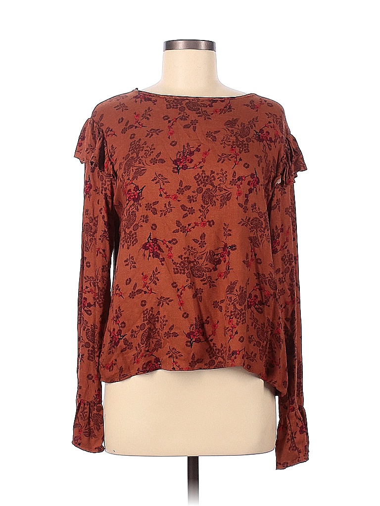 Ocean Drive Clothing Co. 100% Rayon Floral Colored Brown Long Sleeve ...