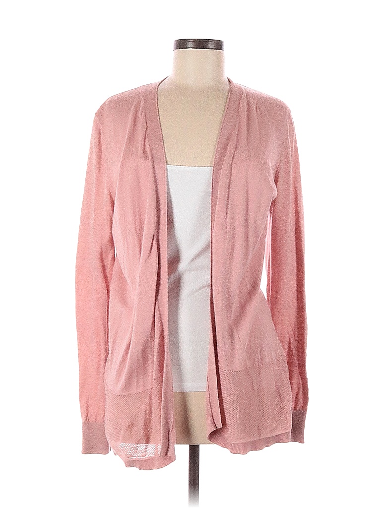 Ann Taylor LOFT 100 Polyester Color Block Solid Colored Pink Cardigan