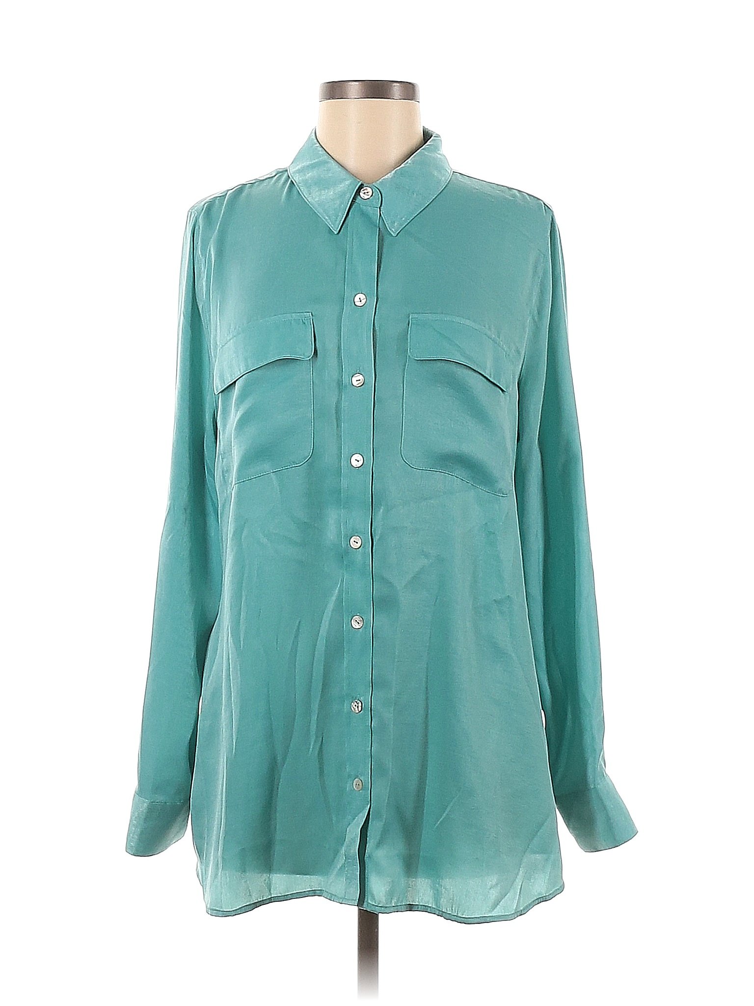 Soft Surroundings 100 Polyester Solid Colored Blue Long Sleeve Blouse