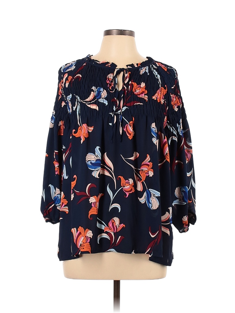 A N A A New Approach 100 Polyester Floral Navy Blue Long Sleeve