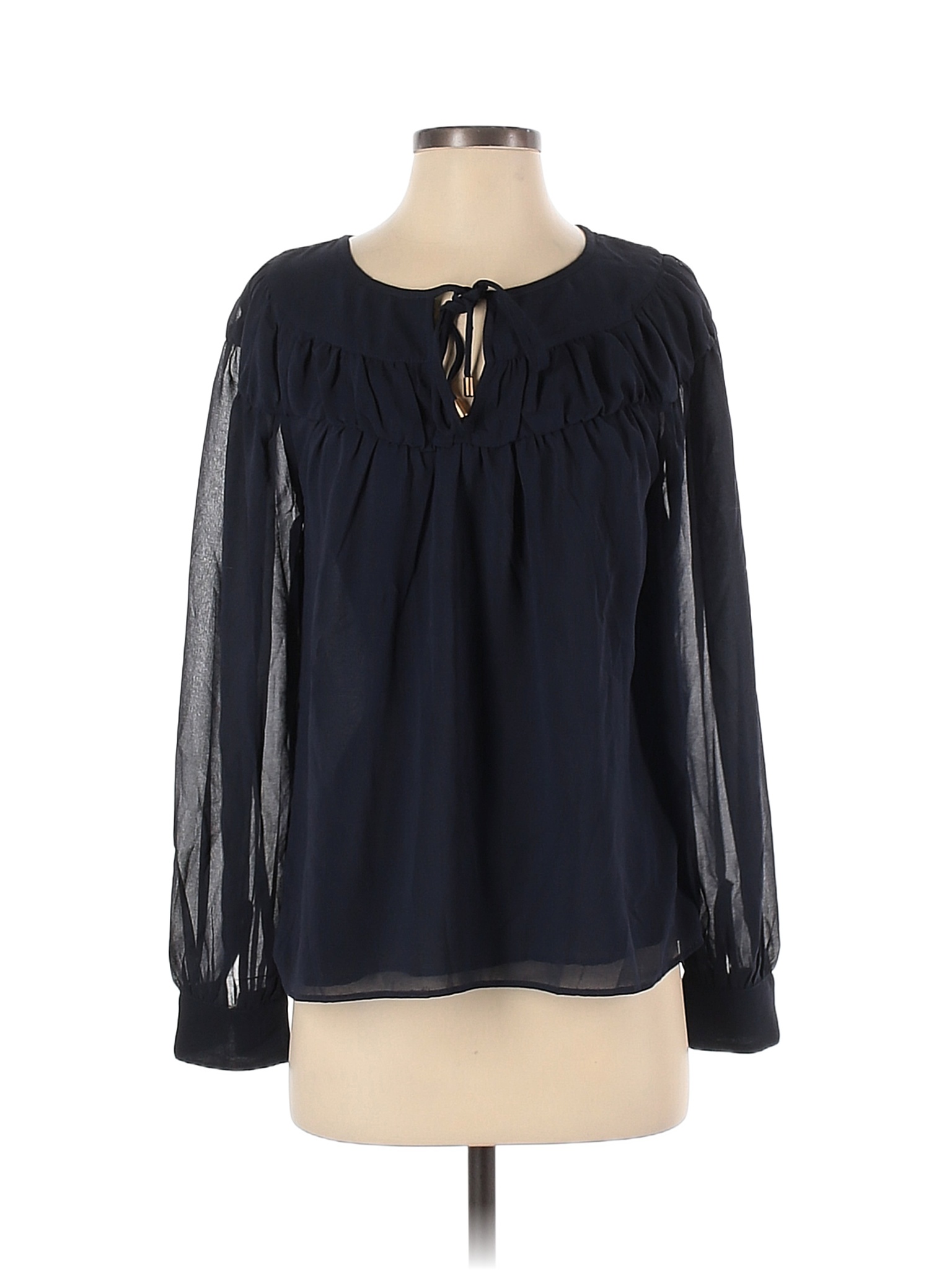 Ann Taylor 100% Polyester Solid Navy Blue Long Sleeve Blouse Size S ...