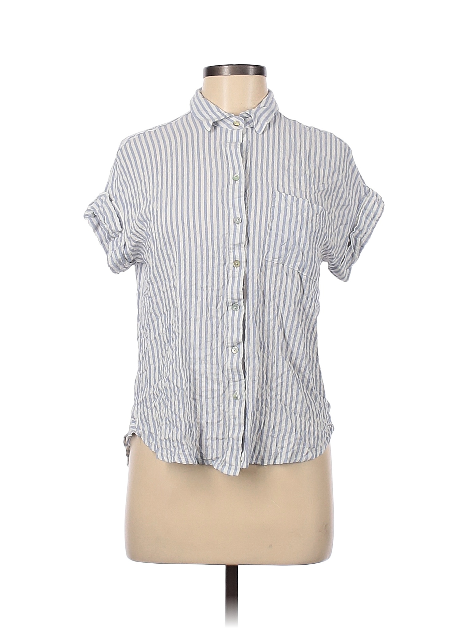 Jane and Delancey Stripes Blue Short Sleeve ButtonDown Shirt Size M