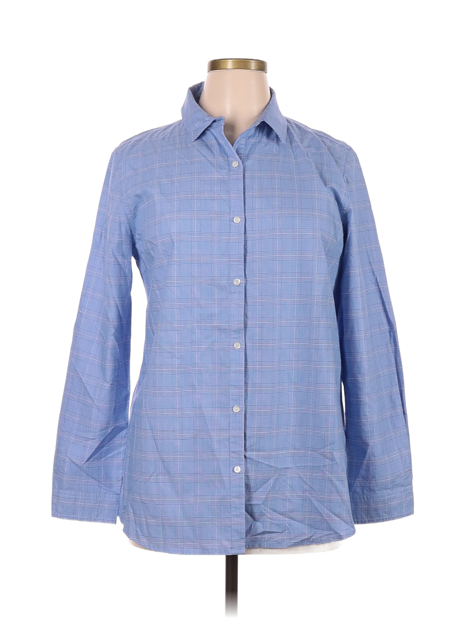 J. McLaughlin 100% Cotton Checkered-gingham Blue Long Sleeve Button ...