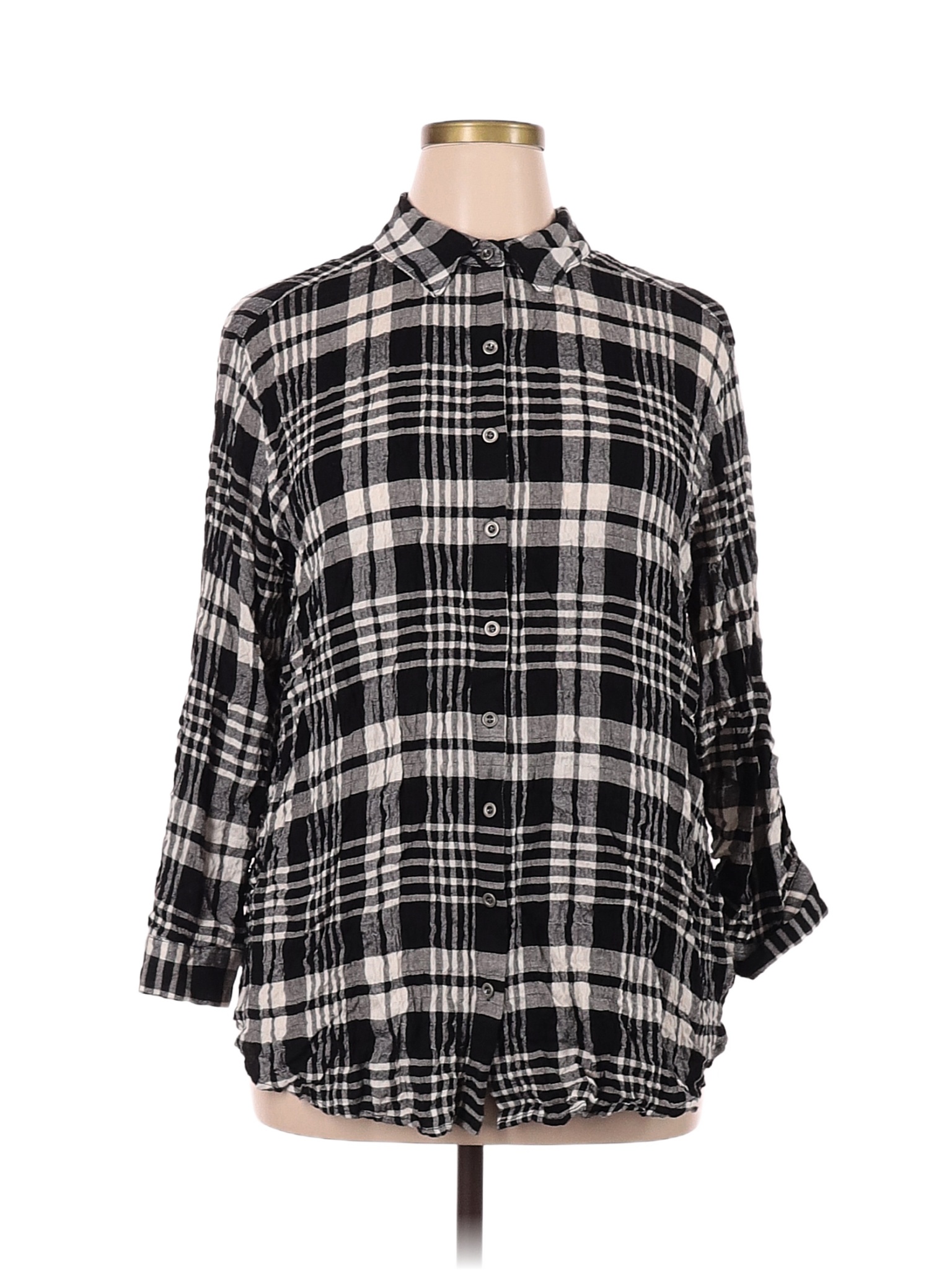 Chemise Jane + Delancey Pour Femme, Taille L, Carreaux Noir Et Blanc, Manches Longues, Boutons, En Rayonne