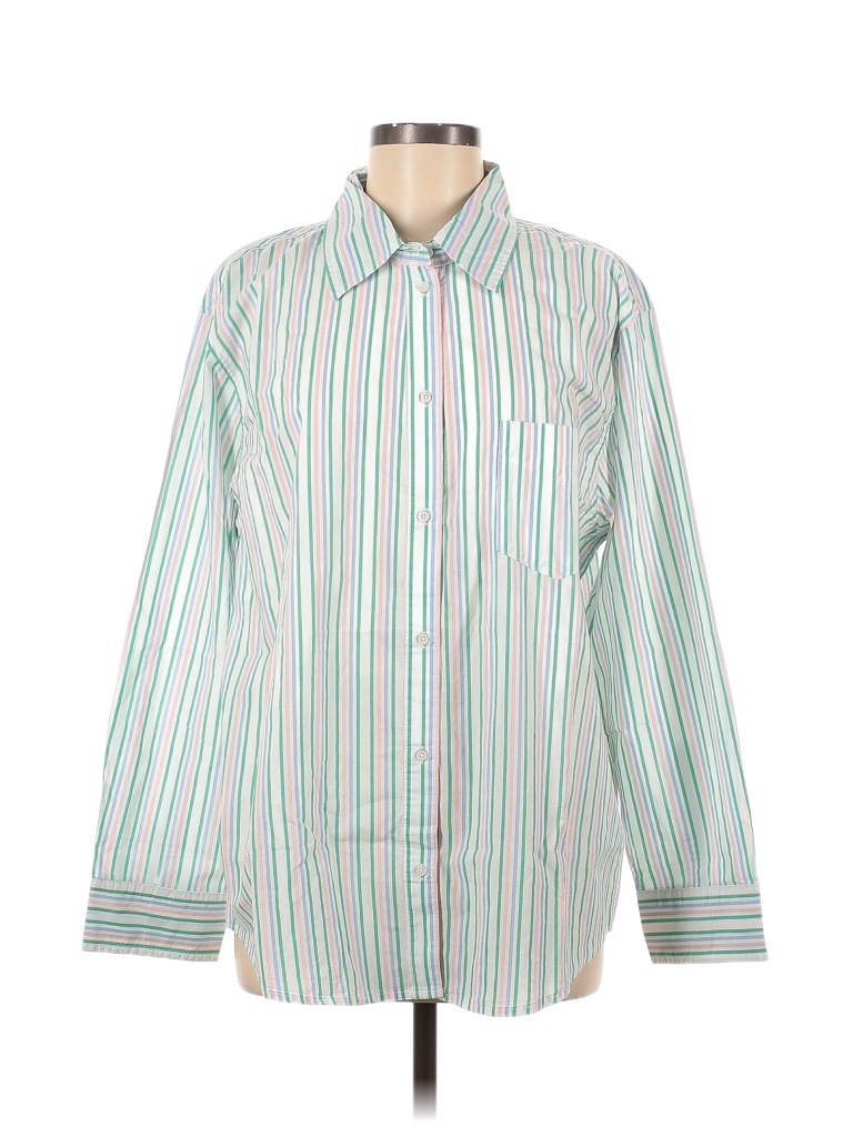 Aerie 100% Cotton Stripes Green Long Sleeve Button-Down Shirt Size M ...