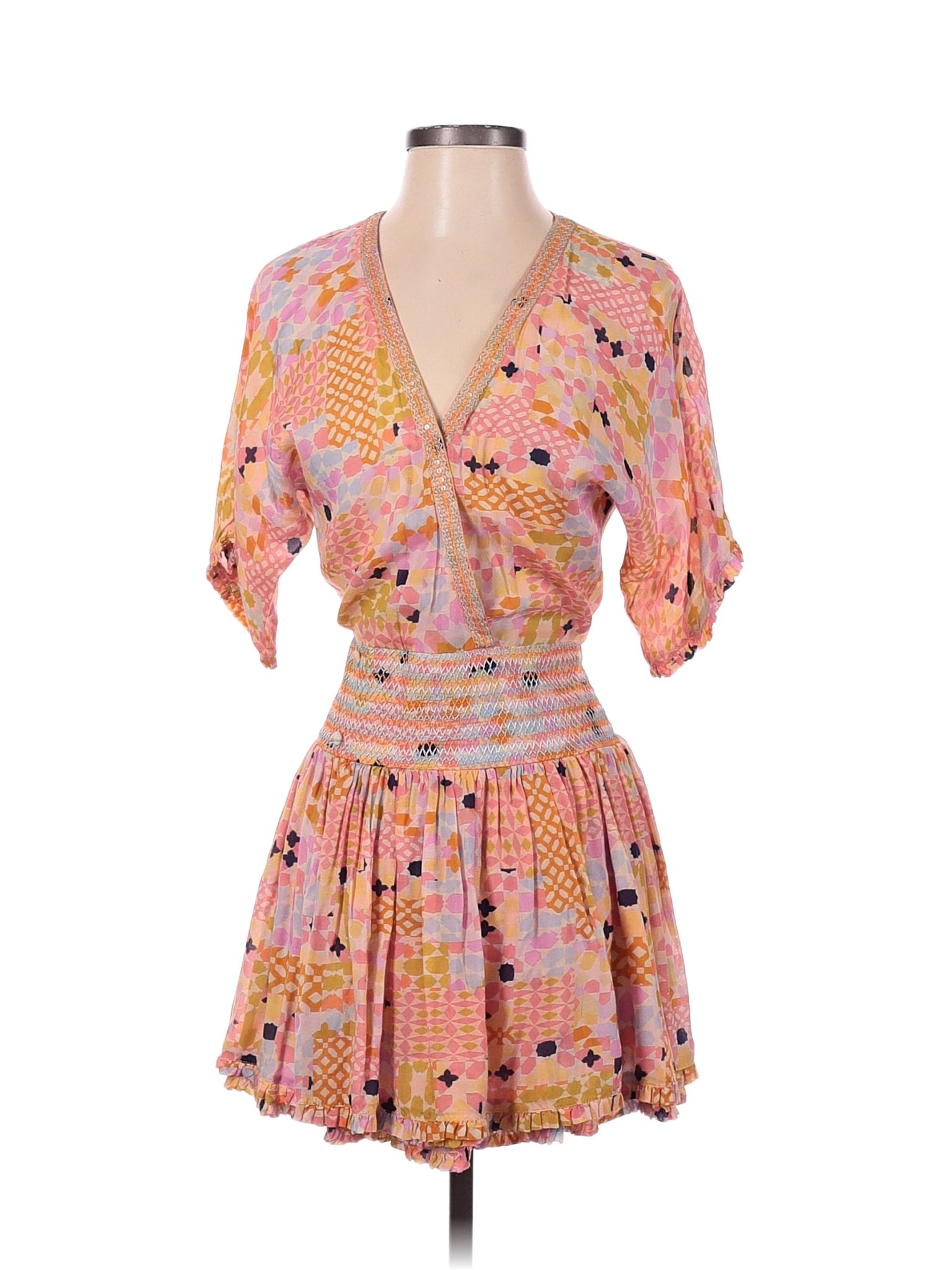 Taj By Sabrina Crippa 100 Cotton Multi Color Pink Casual Dress Size Xs