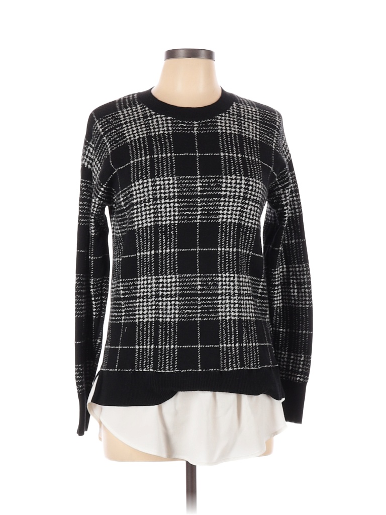 Ann Taylor Factory 100% Cotton Checkered-gingham Color Block Black Pullover Sweater Size L - photo 1