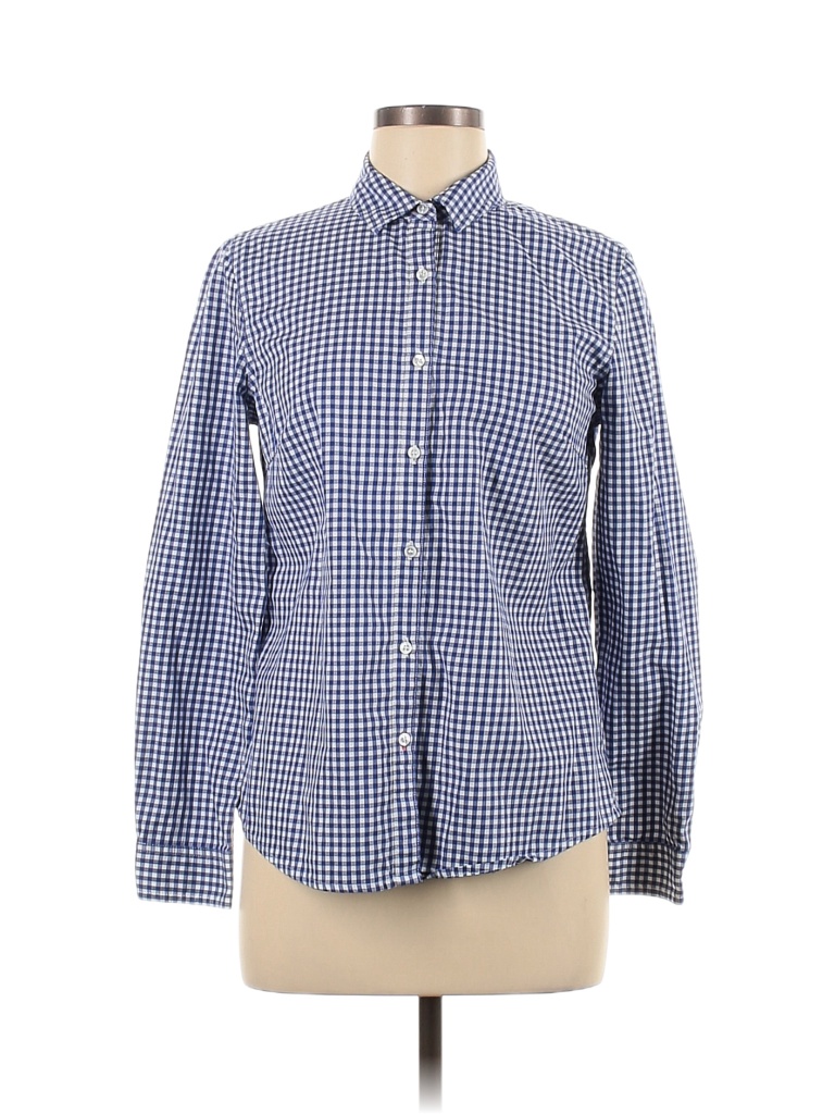J. McLaughlin 100% Cotton Checkered-gingham Blue Long Sleeve Button ...