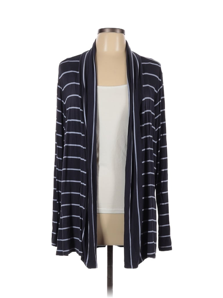 LOGO by Lori Goldstein Color Block Stripes Navy Blue Cardigan Size L - photo 1