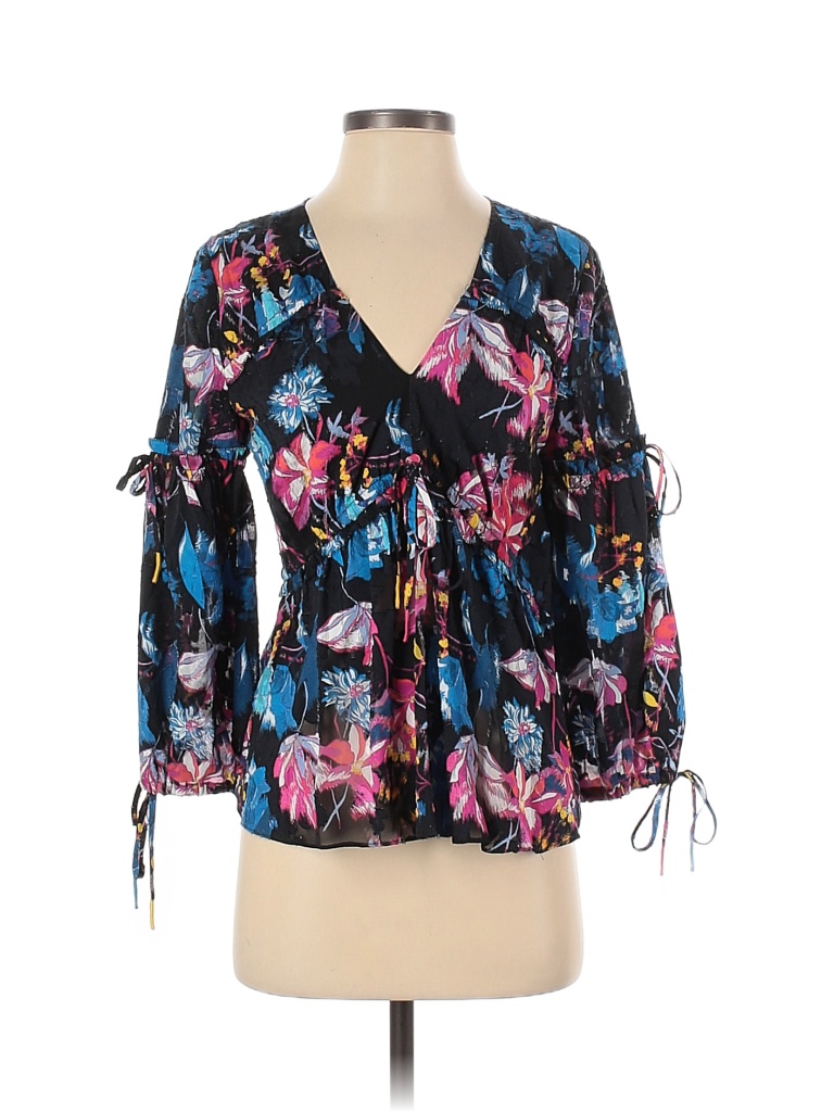 Tanya Taylor Tropical Black Blue Long Sleeve Silk Top Size 4 - photo 1