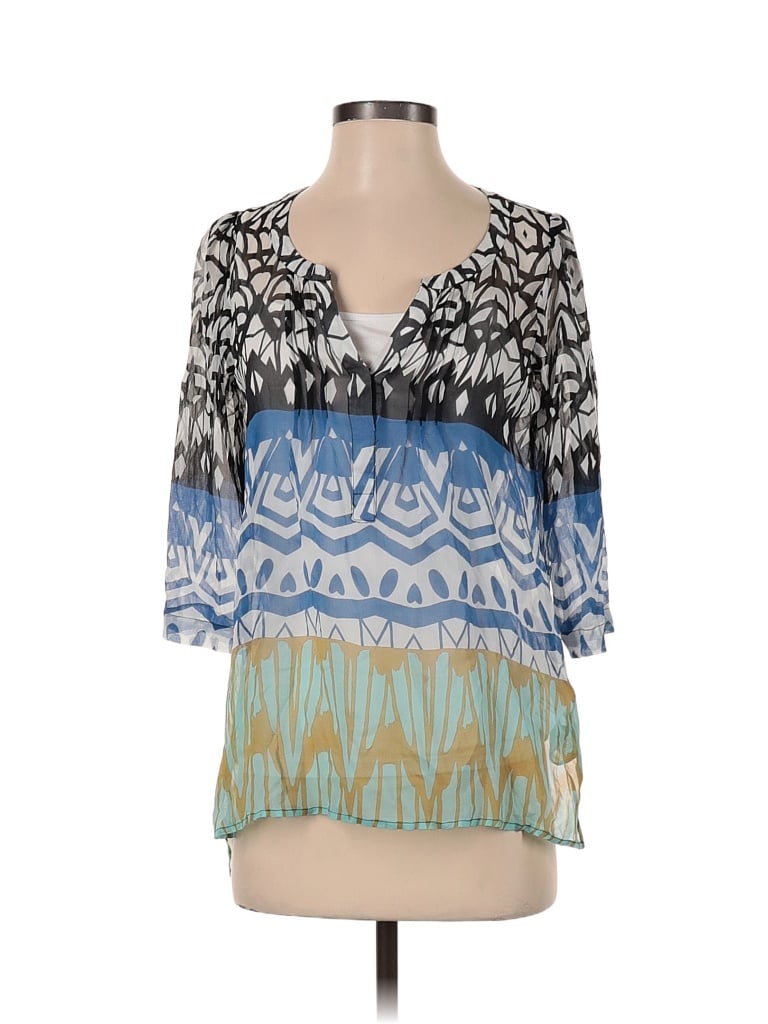 Pre-owned Plenty By Tracy Reese 3/4 Sleeve Silk Top Black Plunge Neckline Tops