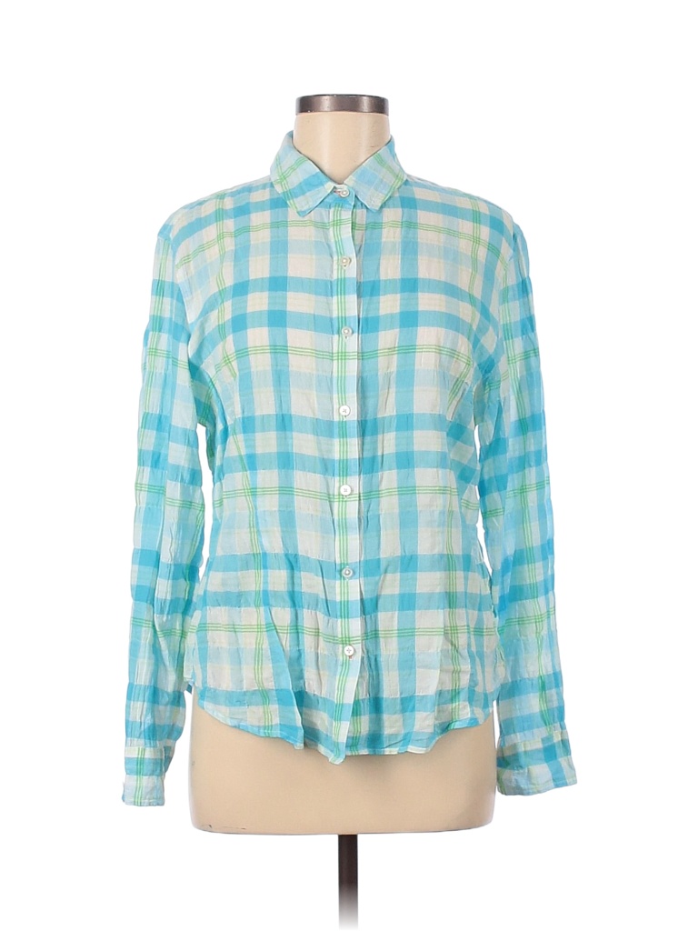 J. McLaughlin Checkered-gingham Blue Long Sleeve Button-Down Shirt Size ...