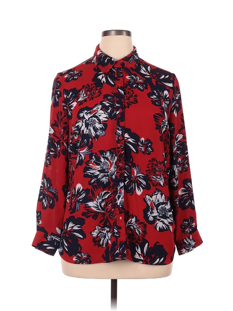 Jessica London 100% Polyester Floral Colored Red Long Sleeve Blouse ...