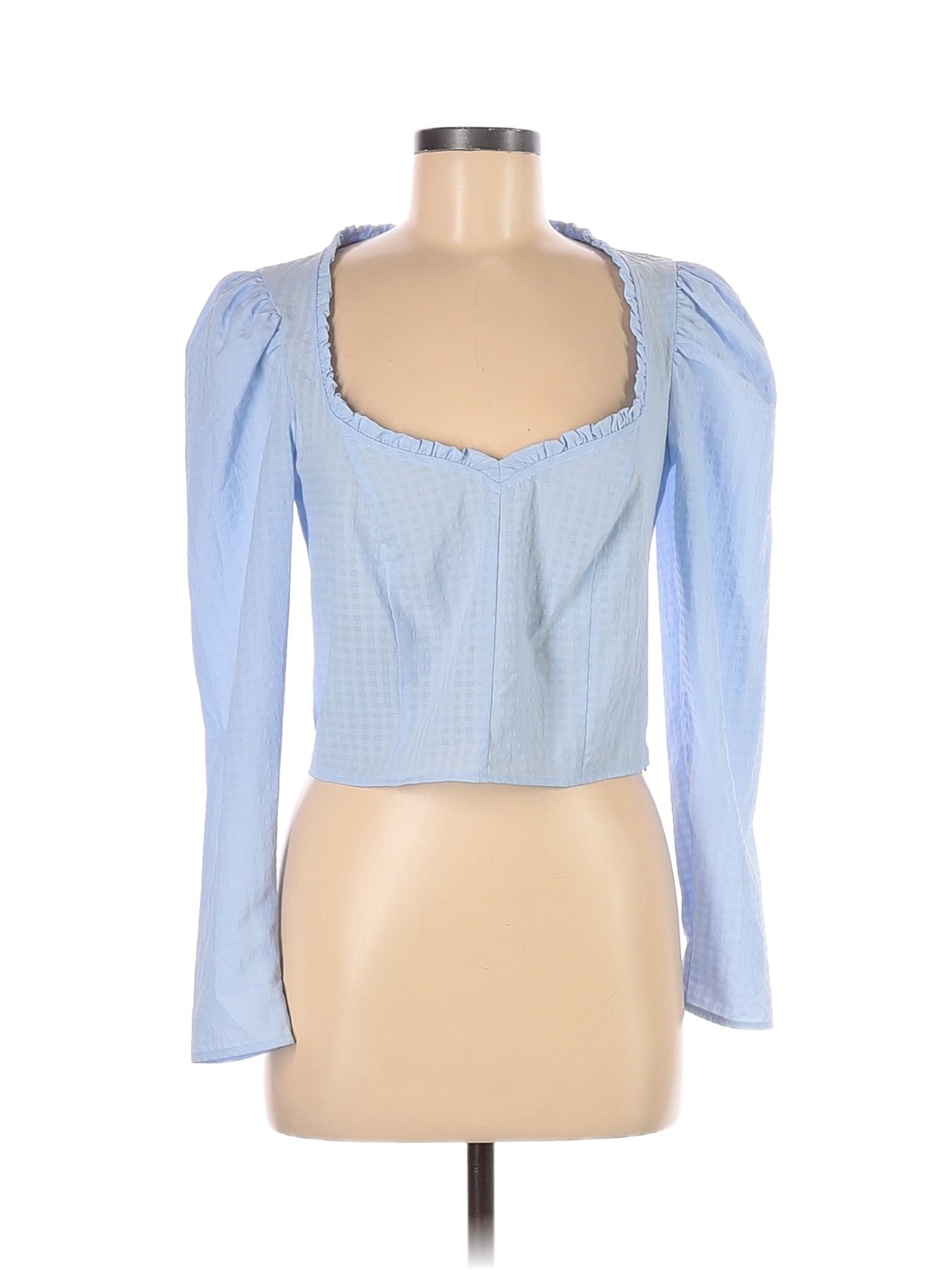 Topshop 100% Polyester Checkered-gingham Blue Long Sleeve Blouse Size 6 ...