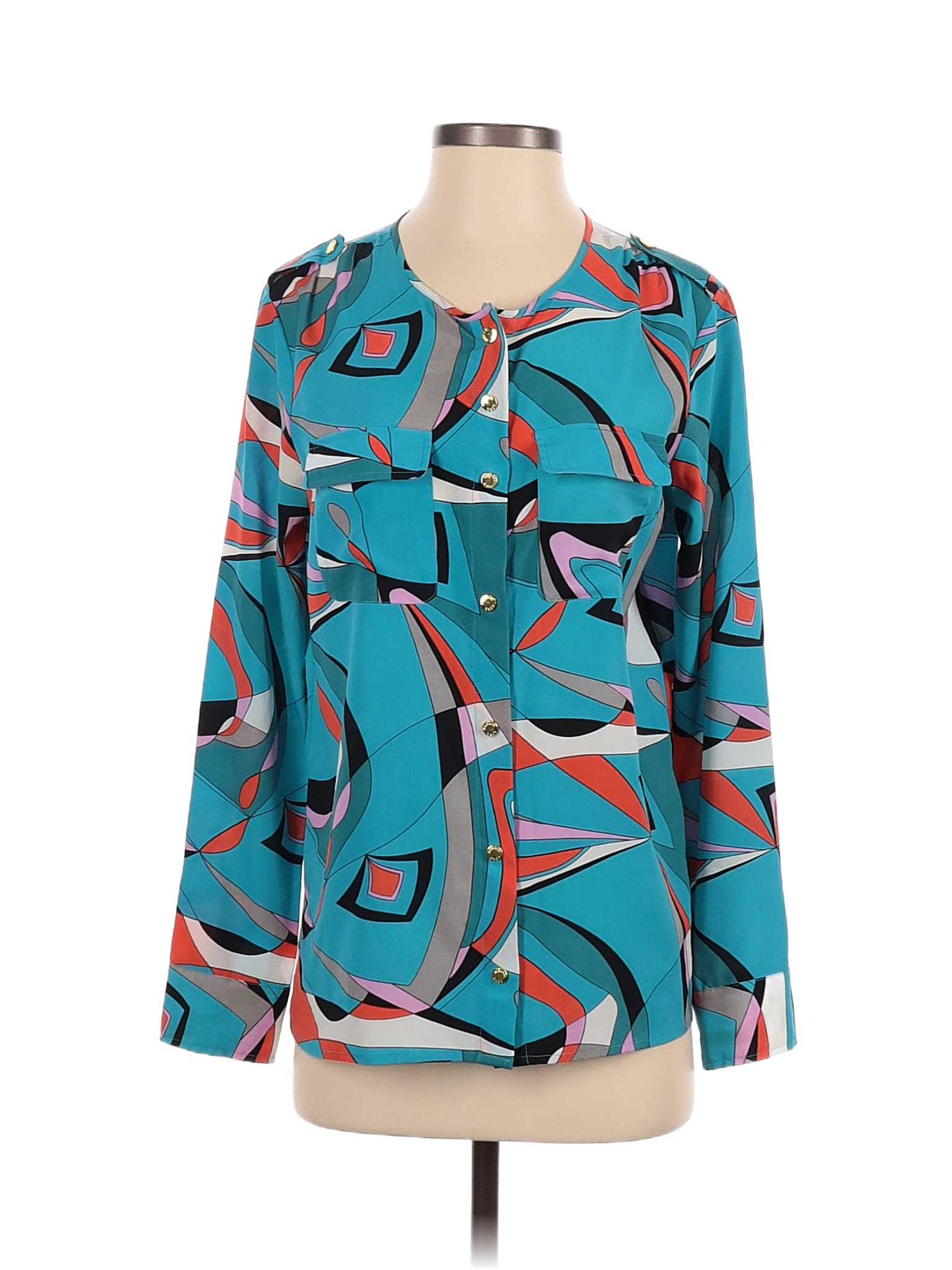 Michael Michael Kors 100 Polyester Tropical Blue Long Sleeve Blouse