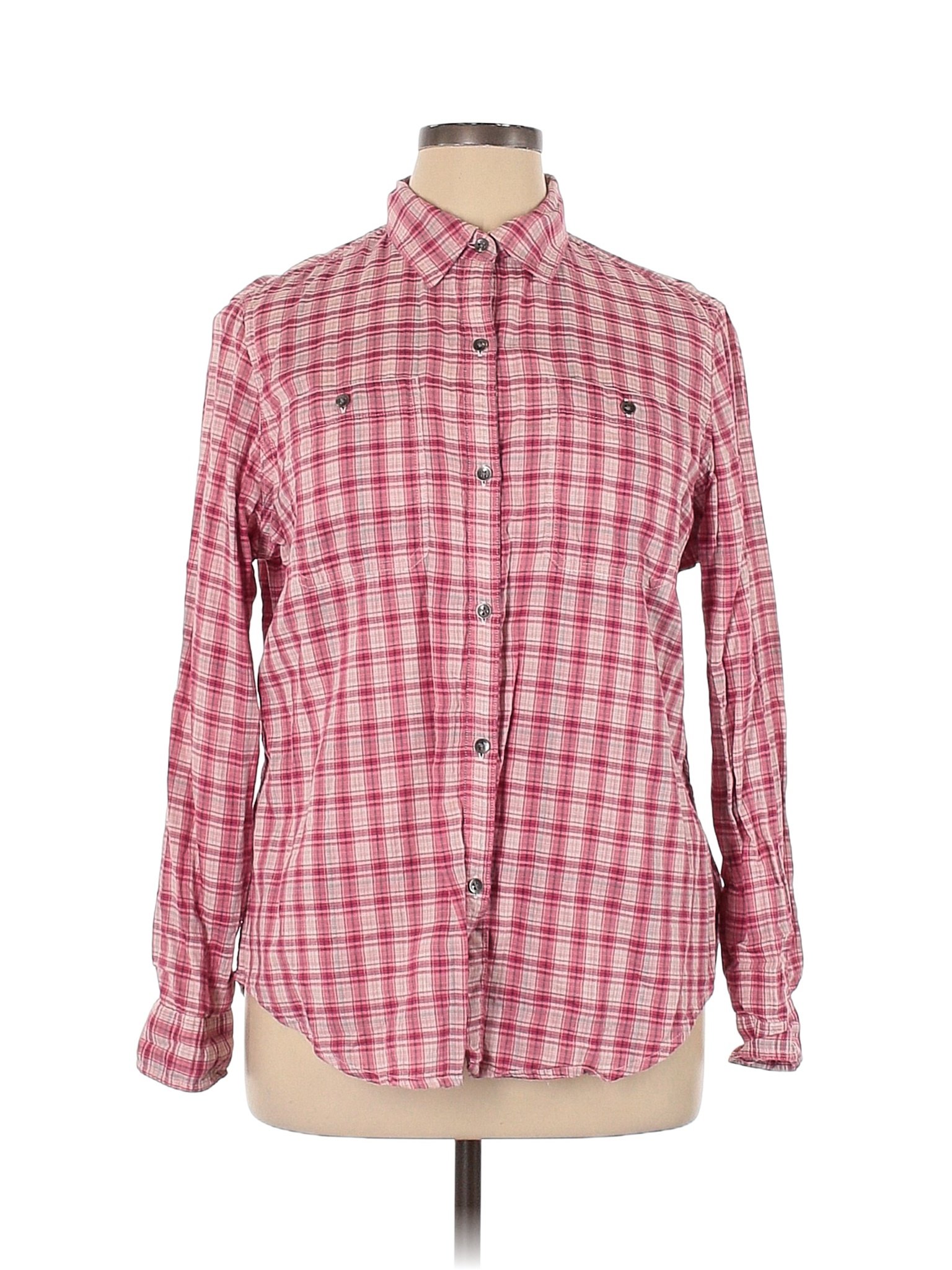 Chaps 100 Cotton Checkered Gingham Plaid Pink Long Sleeve Button Down