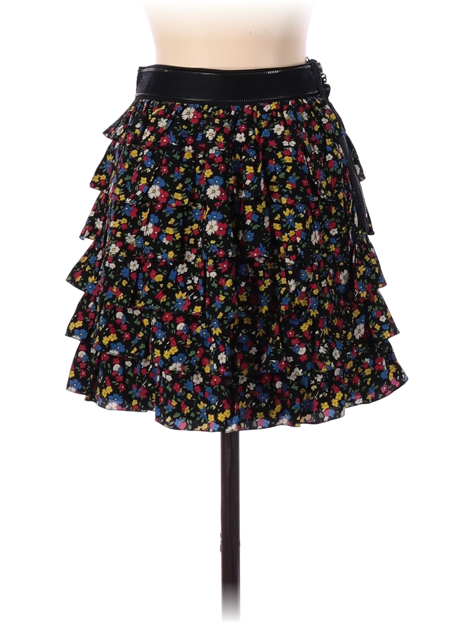 Luella 100% Silk Color Block Floral Multi Color Black Silk Skirt Size ...