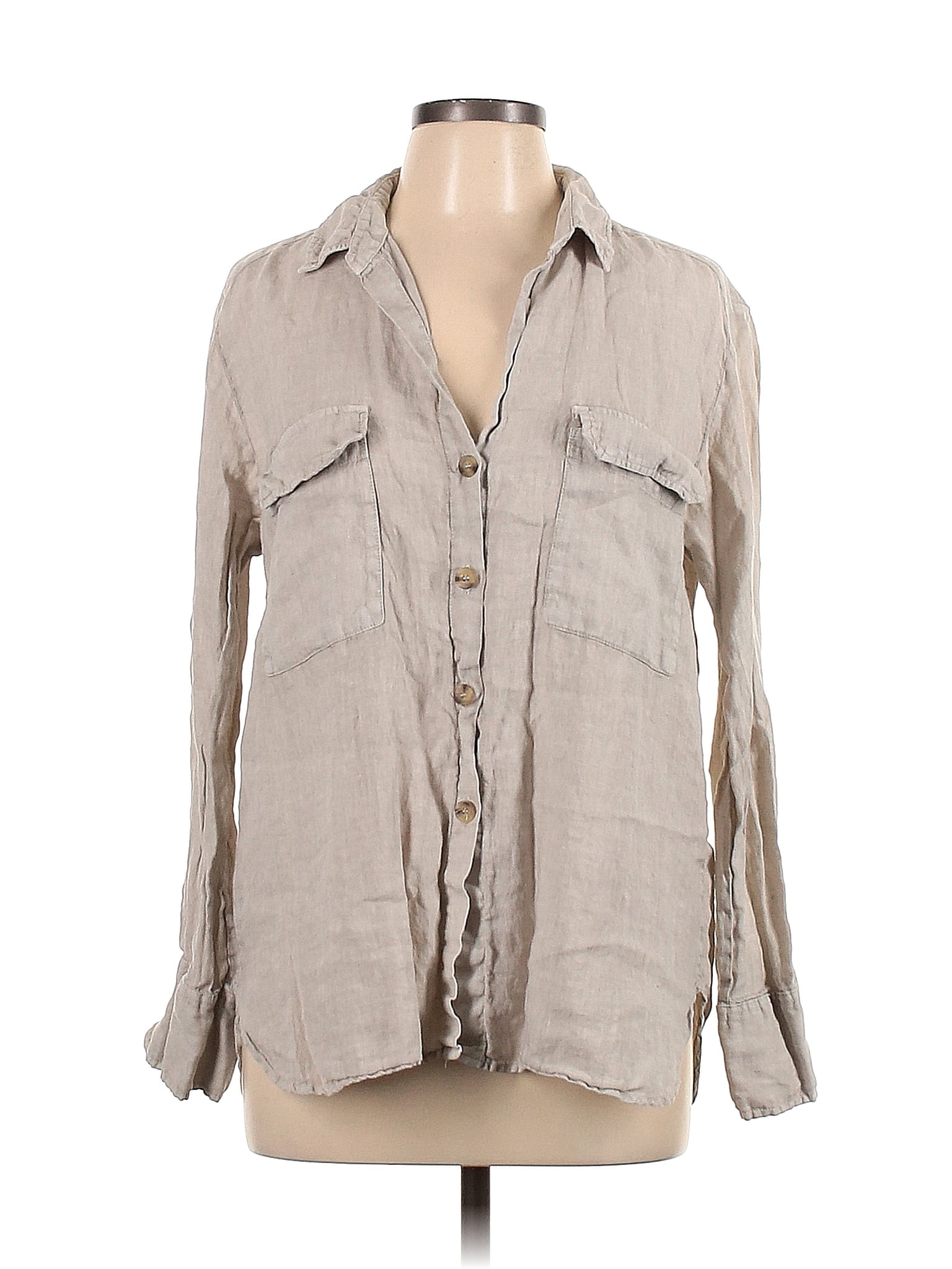 Zara 100 Linen Solid Tan Long Sleeve ButtonDown Shirt Size L 53