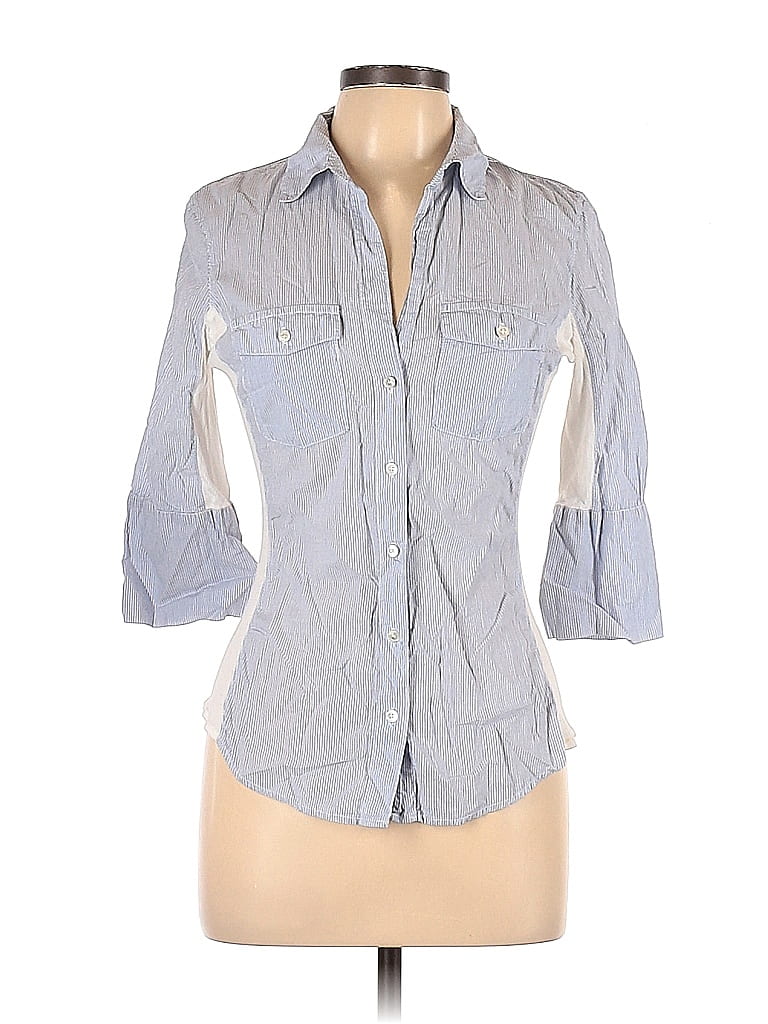 James Perse 100% Cotton Stripes Blue 3/4 Sleeve Button-Down Shirt Size ...