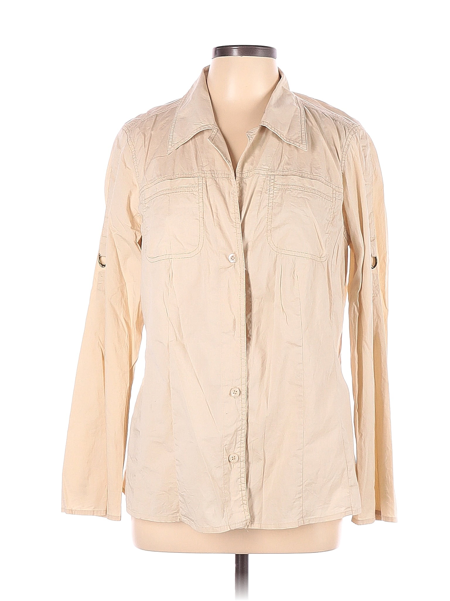 Marina Sport Solid Tan Ivory Long Sleeve Button-Down Shirt Size 12 (21 ...