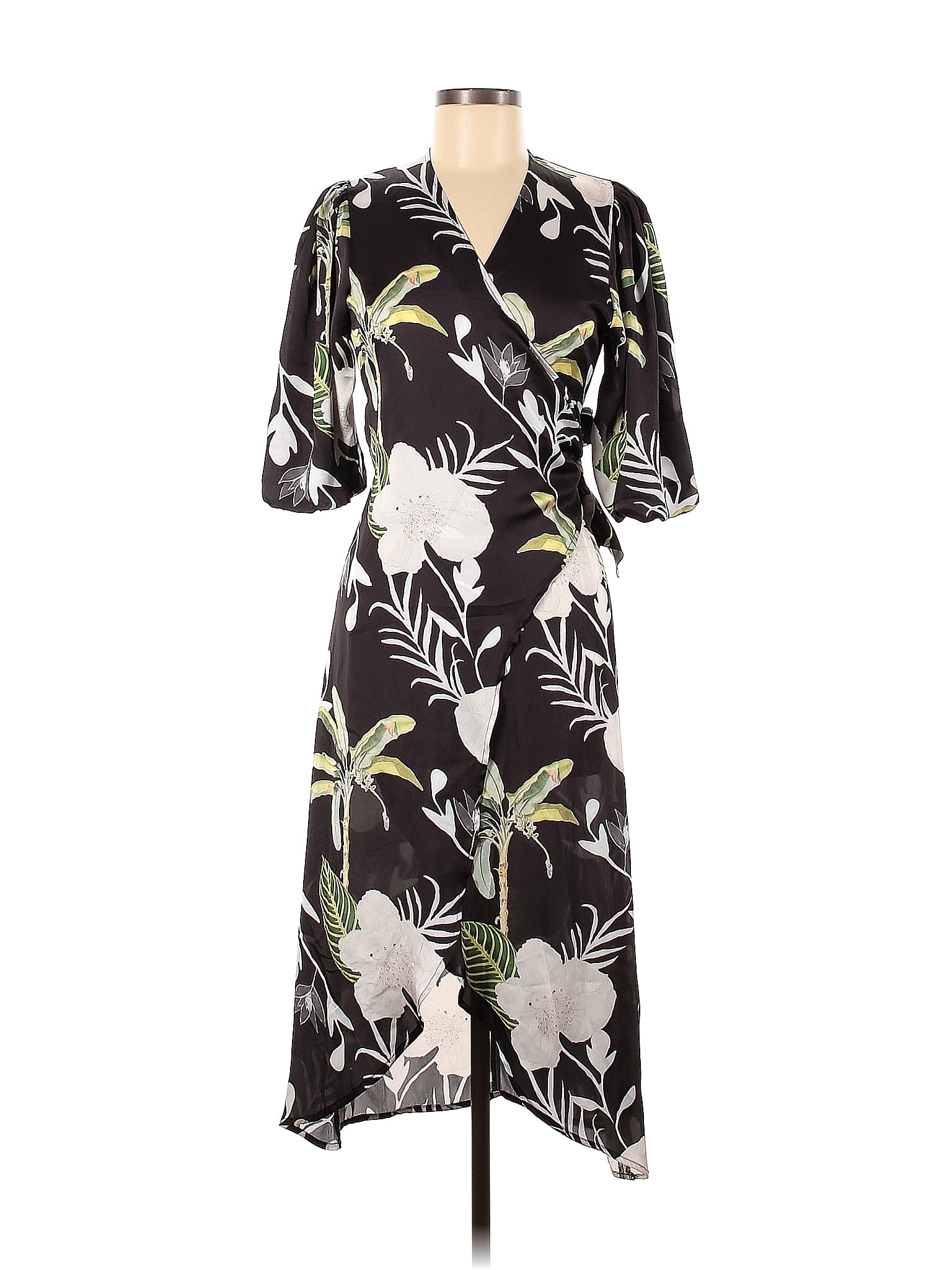 Lobo Rosa 100 Polyester Tropical Black Floral Wrap Around Dress Size S lobo-rosa-100-polyester-tropical-black-floral-wrap-around-dress-size-s