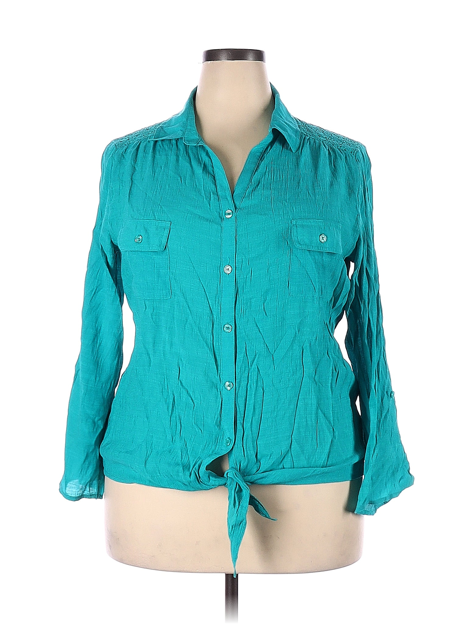 Westbound Checkered-gingham Teal Long Sleeve Blouse Size 2X (Plus) - 62 ...