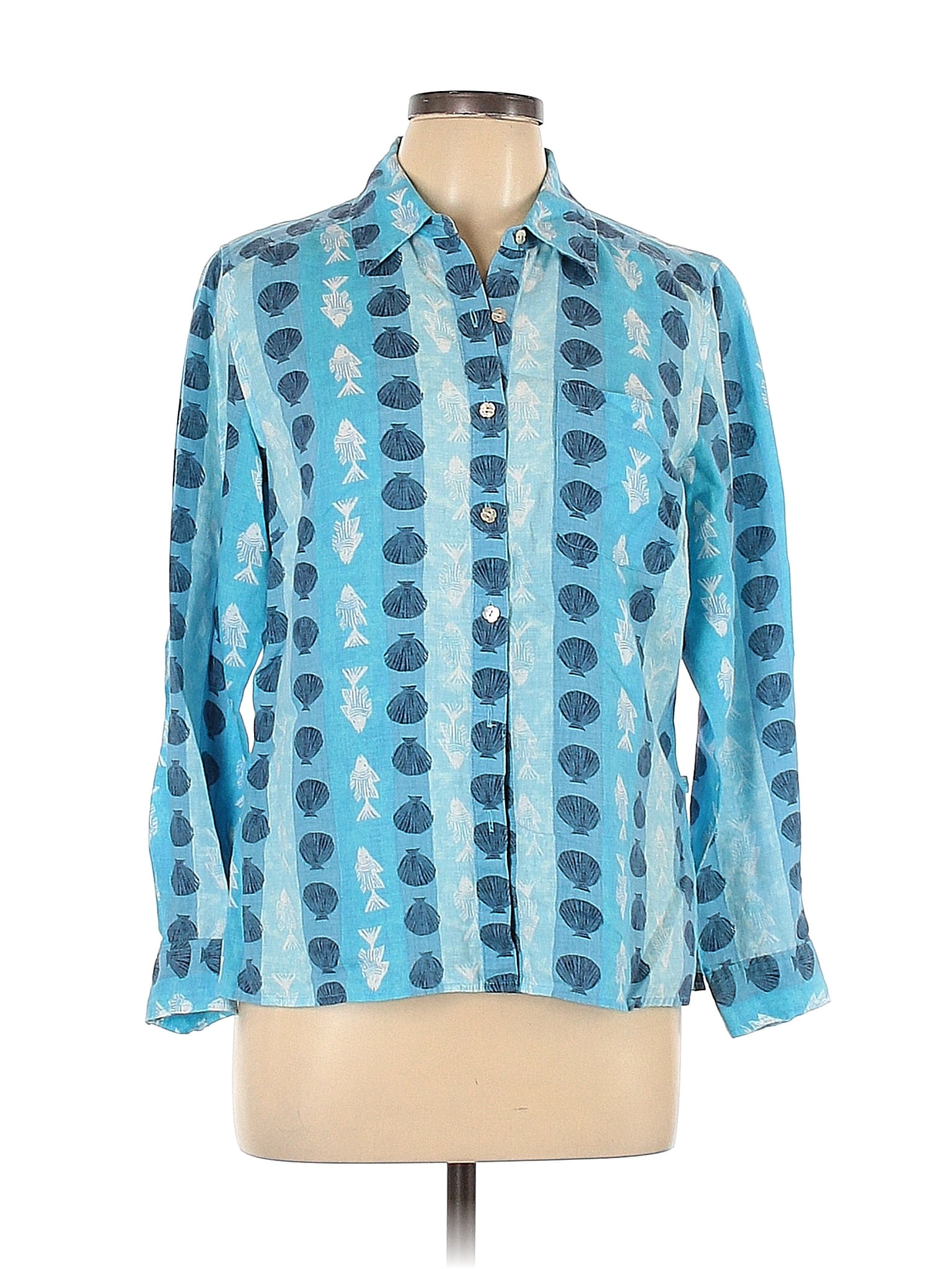 Sigrid Olsen 100% Linen Color Block Polka Dots Blue Long Sleeve Button ...