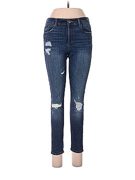 Ann Taylor LOFT Petite Modern Destructed Slim Pocket Skinny Jeans in Mid Indigo Wash (view 1)